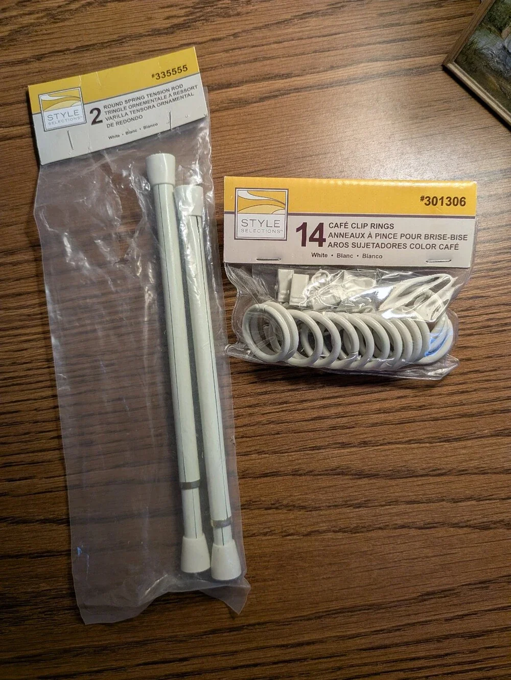 2 White Cafe Curtain Spring Tension Rods And 14 Cafe Clip Rings